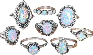 8pcs Opal Rings Set for Women Simulated Gemstone Ring Wedding Engagement Band Stackable Rings (Silver, one Size)