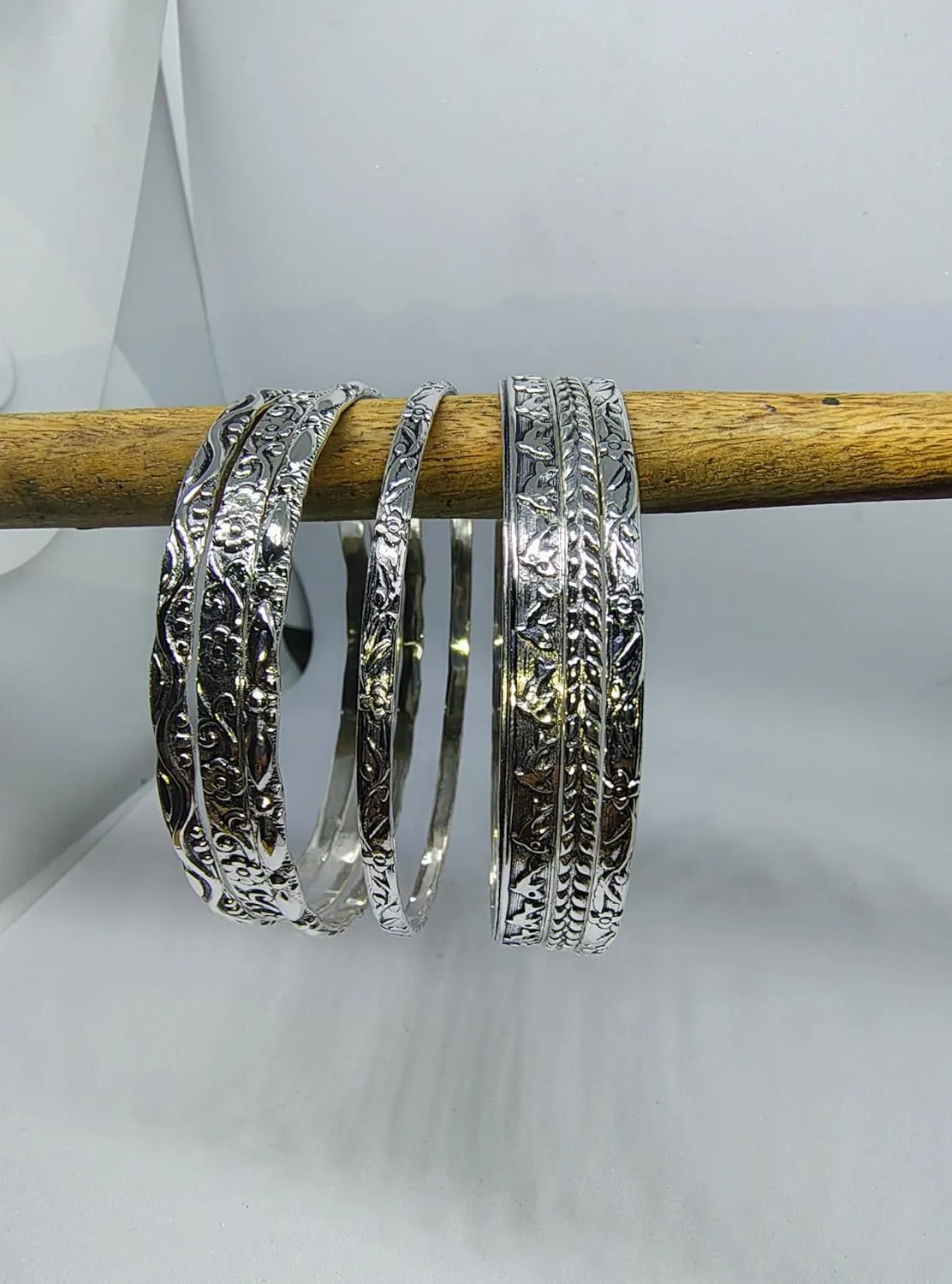 925 Sterling Silver fish and floral designer Bangles For Women, Slender Skinny Stackable Bangles,Round Bangles, Stacking Bracelets, Set of 7 Handmade Bangles BY ISHU JEWELLER (7, Silver)