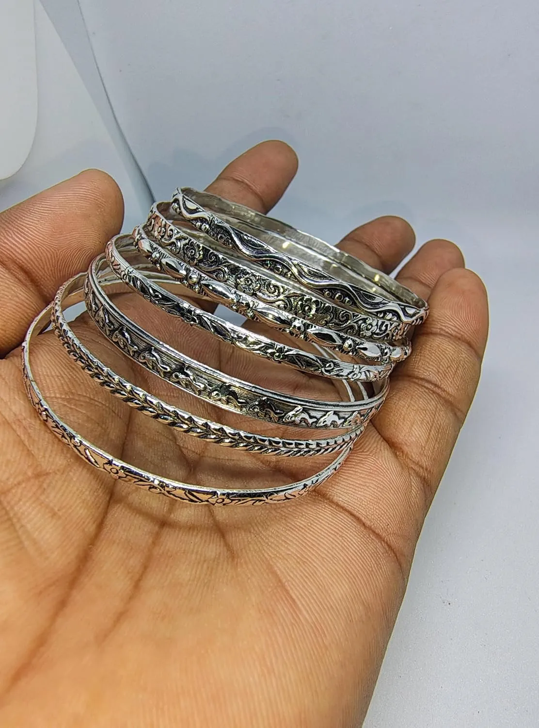 925 Sterling Silver fish and floral designer Bangles For Women, Slender Skinny Stackable Bangles,Round Bangles, Stacking Bracelets, Set of 7 Handmade Bangles BY ISHU JEWELLER (7, Silver)