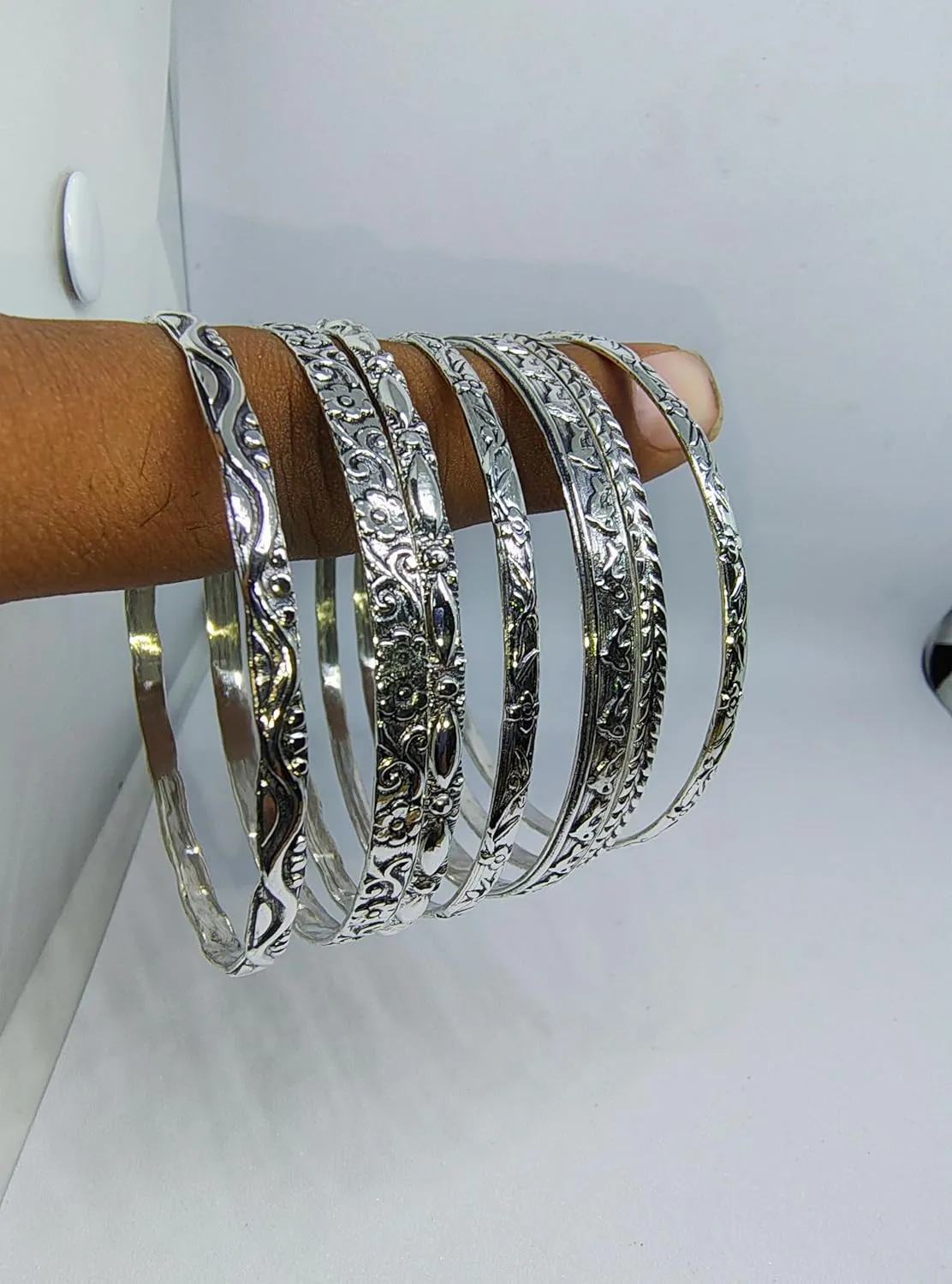 925 Sterling Silver fish and floral designer Bangles For Women, Slender Skinny Stackable Bangles,Round Bangles, Stacking Bracelets, Set of 7 Handmade Bangles BY ISHU JEWELLER (7, Silver)