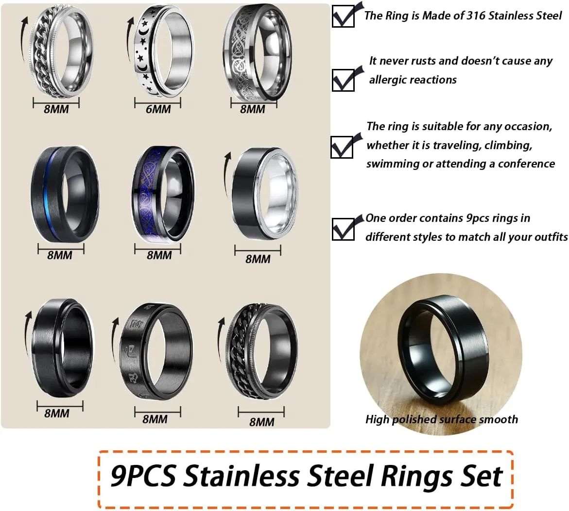 9PCS Stainless Steel Rings for Men Black Rings Pack Band Rings for Men Cool Spinner Rings Set Fidget Rings for Men Anillos Para Hombre Wedding Promise Mens Rings Jewelry