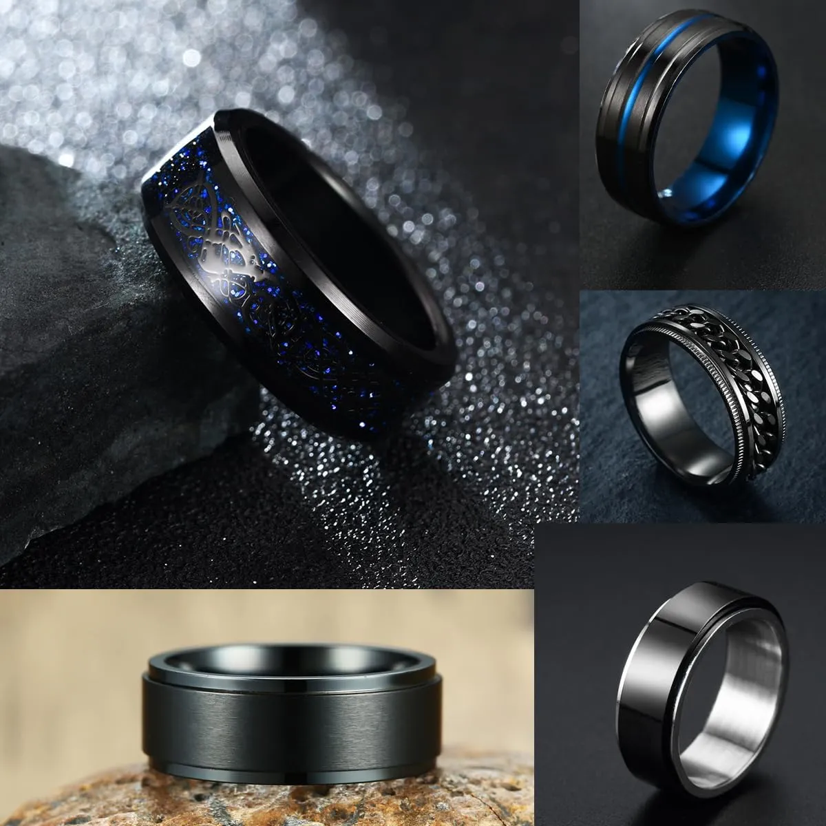 9PCS Stainless Steel Rings for Men Black Rings Pack Band Rings for Men Cool Spinner Rings Set Fidget Rings for Men Anillos Para Hombre Wedding Promise Mens Rings Jewelry