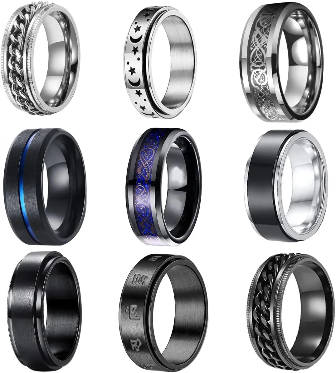 9PCS Stainless Steel Rings for Men Black Rings Pack Band Rings for Men Cool Spinner Rings Set Fidget Rings for Men Anillos Para Hombre Wedding Promise Mens Rings Jewelry