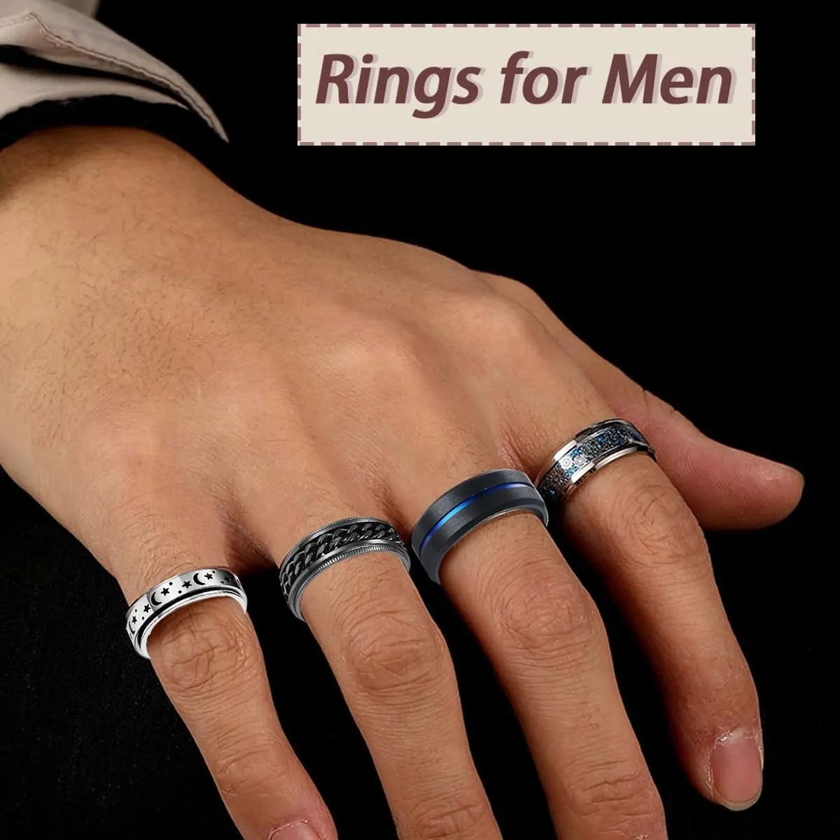 9PCS Stainless Steel Rings for Men Black Rings Pack Band Rings for Men Cool Spinner Rings Set Fidget Rings for Men Anillos Para Hombre Wedding Promise Mens Rings Jewelry