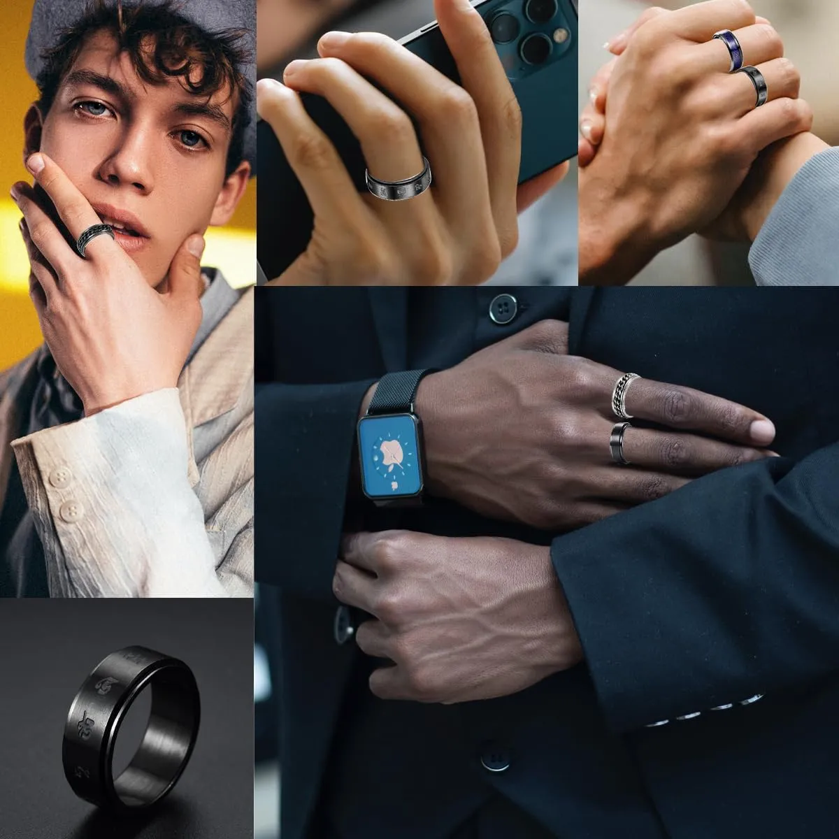 9PCS Stainless Steel Rings for Men Black Rings Pack Band Rings for Men Cool Spinner Rings Set Fidget Rings for Men Anillos Para Hombre Wedding Promise Mens Rings Jewelry