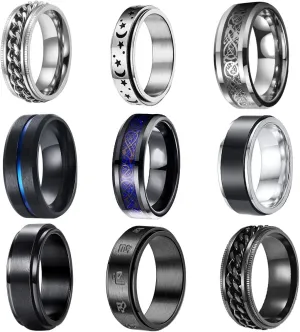 9PCS Stainless Steel Rings for Men Black Rings Pack Band Rings for Men Cool Spinner Rings Set Fidget Rings for Men Anillos Para Hombre Wedding Promise Mens Rings Jewelry