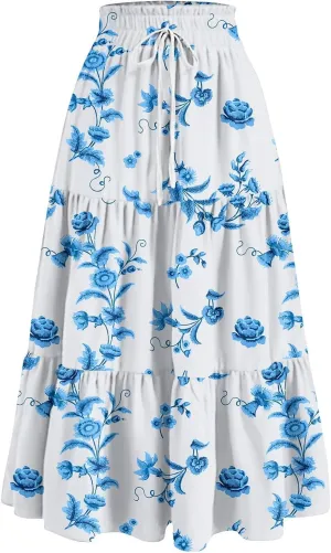 ADHOWBEW Boho Skirts for Women Cute Casual A Line Trendy High Waisted Flowy Midi Length Plus Size Ruffle Beach Spring Skirts