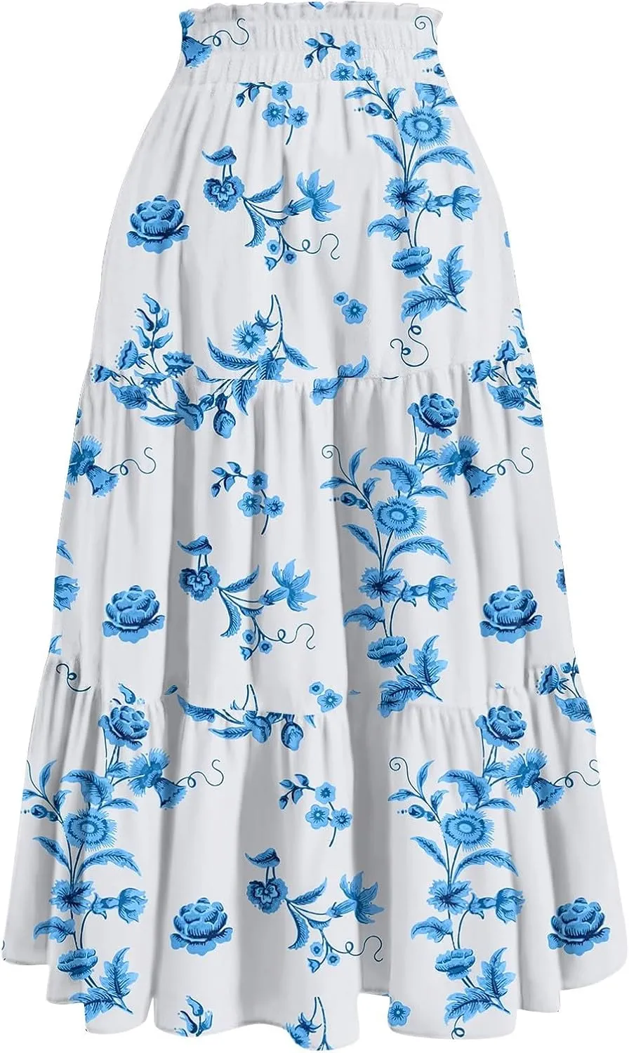 ADHOWBEW Boho Skirts for Women Cute Casual A Line Trendy High Waisted Flowy Midi Length Plus Size Ruffle Beach Spring Skirts