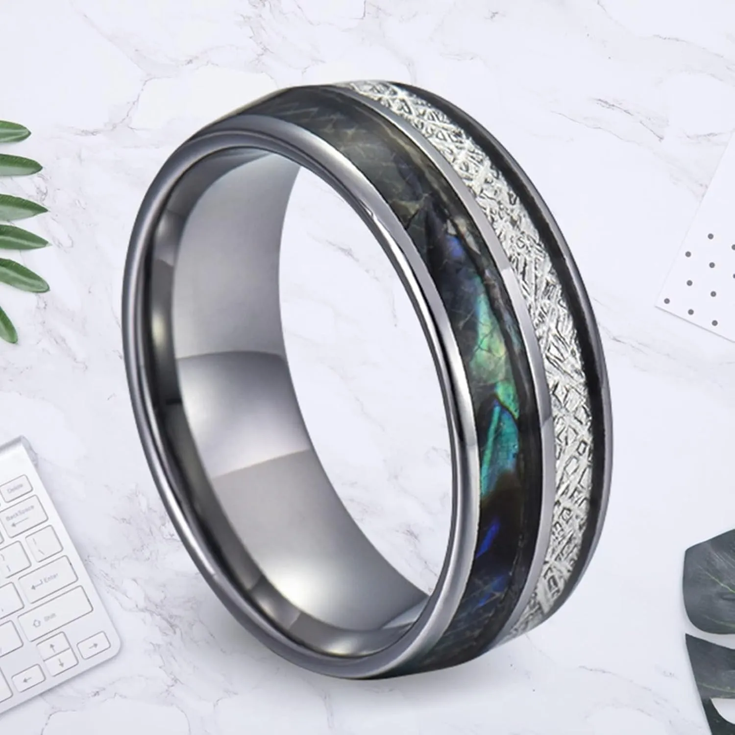 Anniversary Rings for Couple, Tungsten Matching Wedding Rings Set for Him and Her Comfort Fit 8mm Silver Ring Inlay Shell and Metal