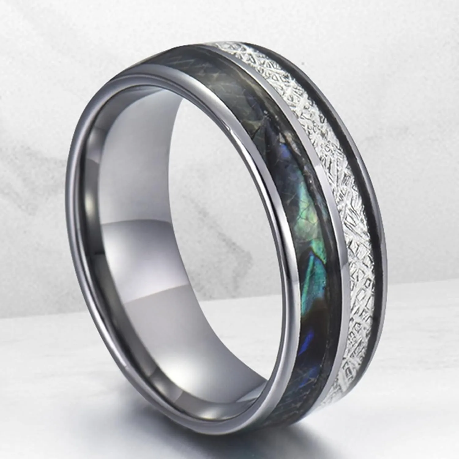 Anniversary Rings for Couple, Tungsten Matching Wedding Rings Set for Him and Her Comfort Fit 8mm Silver Ring Inlay Shell and Metal