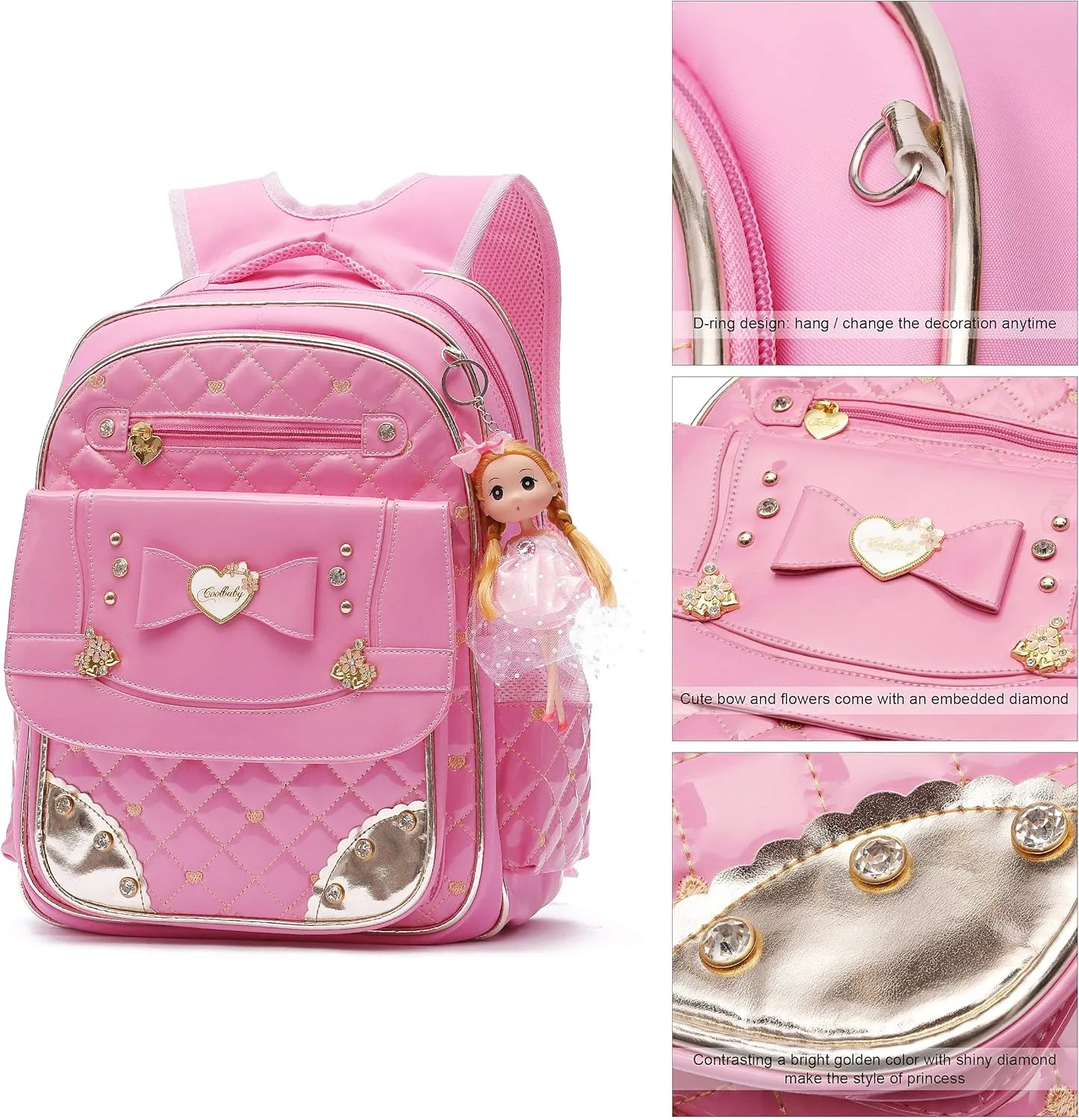 AO ALI VICTORY Backpack for Girls, Waterproof Kids Backpacks School Bag Toddler Bookbags Cute Travel Daypack (Large, A-Pink)