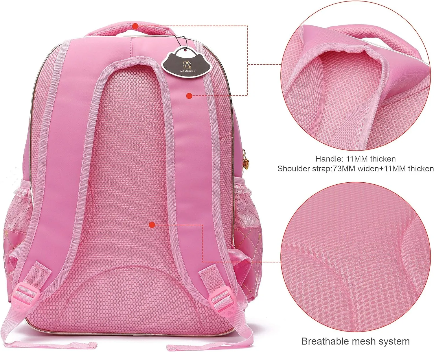AO ALI VICTORY Backpack for Girls, Waterproof Kids Backpacks School Bag Toddler Bookbags Cute Travel Daypack (Large, A-Pink)