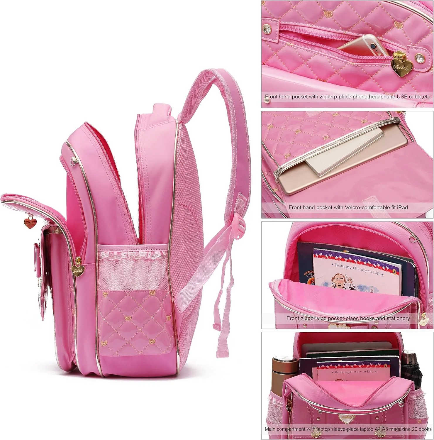 AO ALI VICTORY Backpack for Girls, Waterproof Kids Backpacks School Bag Toddler Bookbags Cute Travel Daypack (Large, A-Pink)