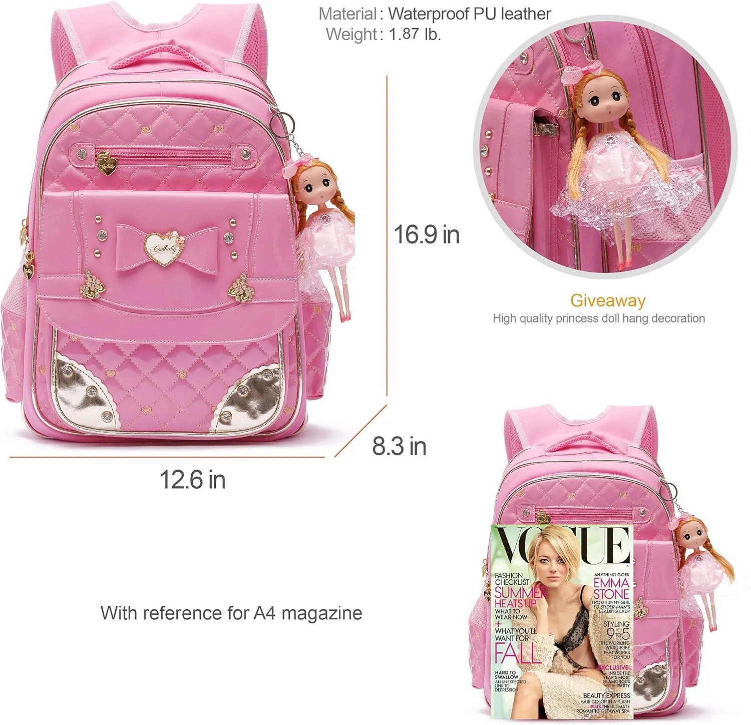 AO ALI VICTORY Backpack for Girls, Waterproof Kids Backpacks School Bag Toddler Bookbags Cute Travel Daypack (Large, A-Pink)