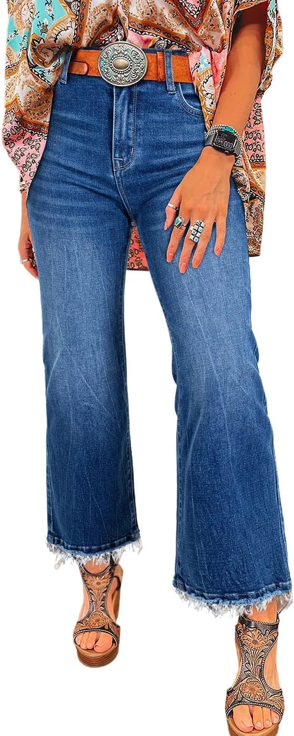 Astylish Womens High Waisted Jeans Stretchy Flared Straight Leg Loose Trendy Raw Hem Denim Pants