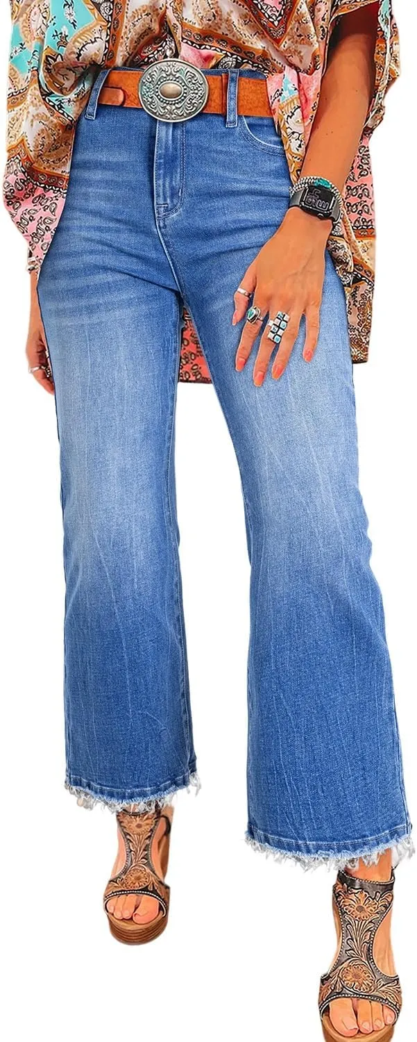 Astylish Womens High Waisted Jeans Stretchy Flared Straight Leg Loose Trendy Raw Hem Denim Pants