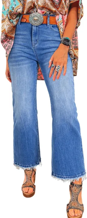 Astylish Womens High Waisted Jeans Stretchy Flared Straight Leg Loose Trendy Raw Hem Denim Pants
