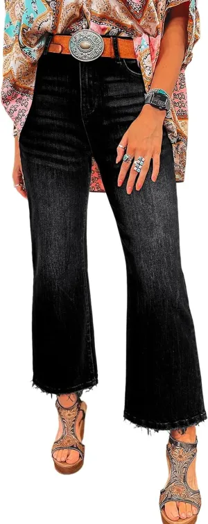 Astylish Womens High Waisted Jeans Stretchy Flared Straight Leg Loose Trendy Raw Hem Denim Pants