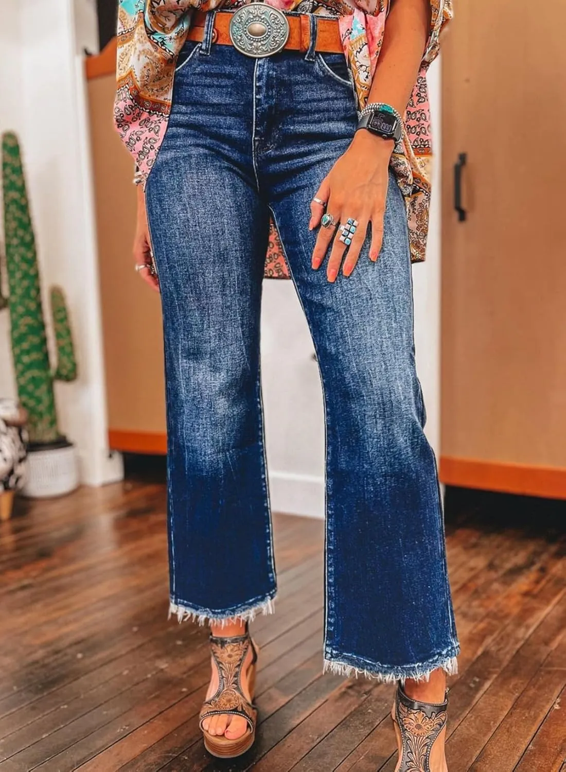 Astylish Womens High Waisted Jeans Stretchy Flared Straight Leg Loose Trendy Raw Hem Denim Pants
