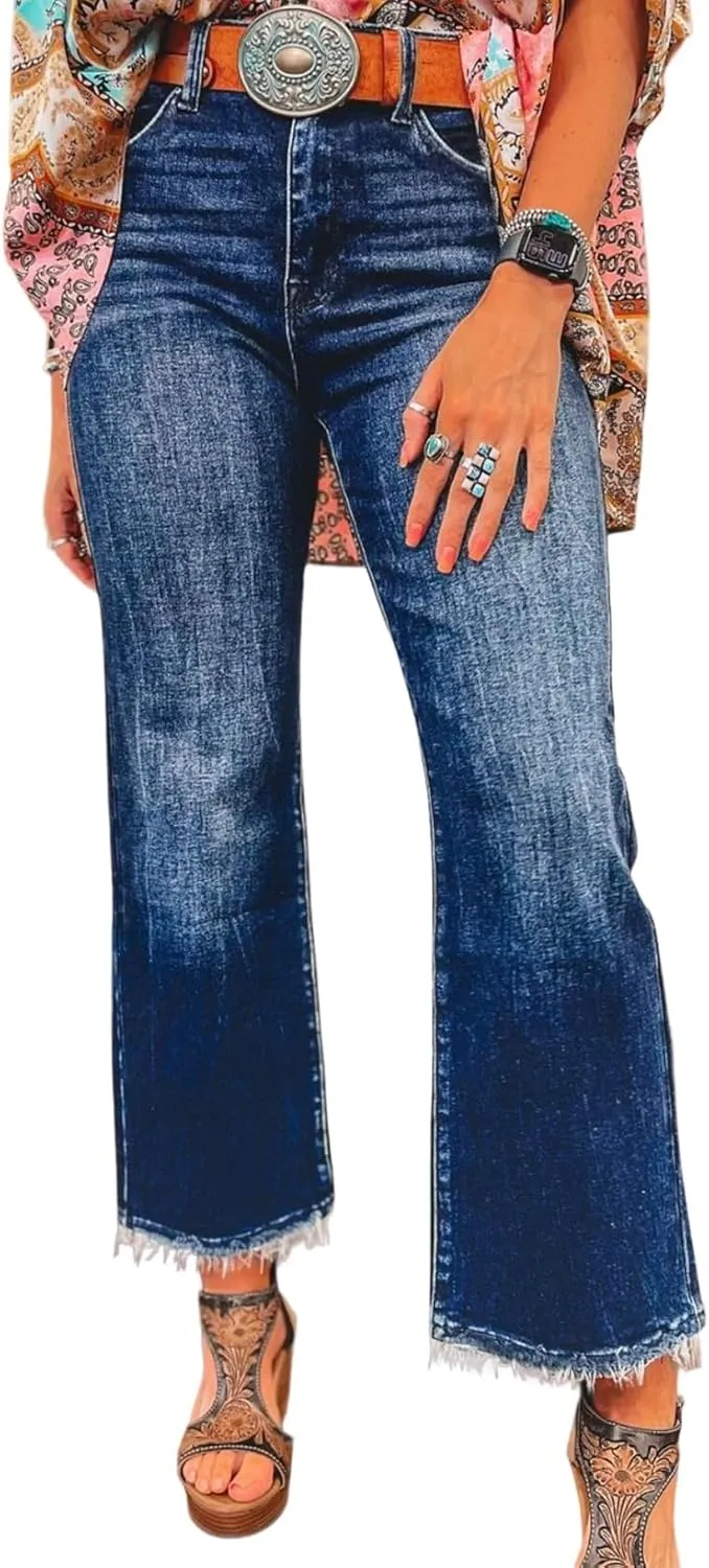 Astylish Womens High Waisted Jeans Stretchy Flared Straight Leg Loose Trendy Raw Hem Denim Pants