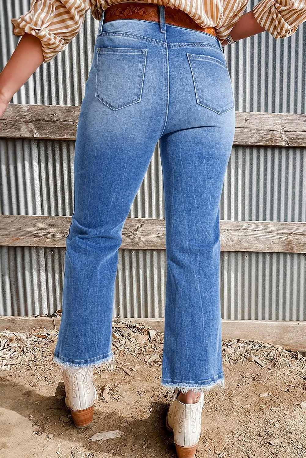 Astylish Womens High Waisted Jeans Stretchy Flared Straight Leg Loose Trendy Raw Hem Denim Pants