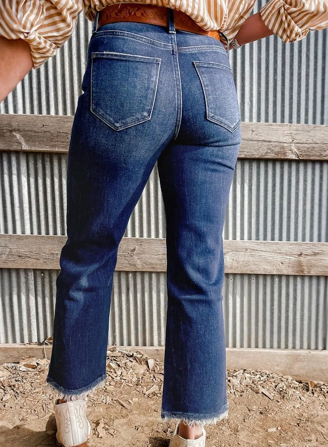 Astylish Womens High Waisted Jeans Stretchy Flared Straight Leg Loose Trendy Raw Hem Denim Pants