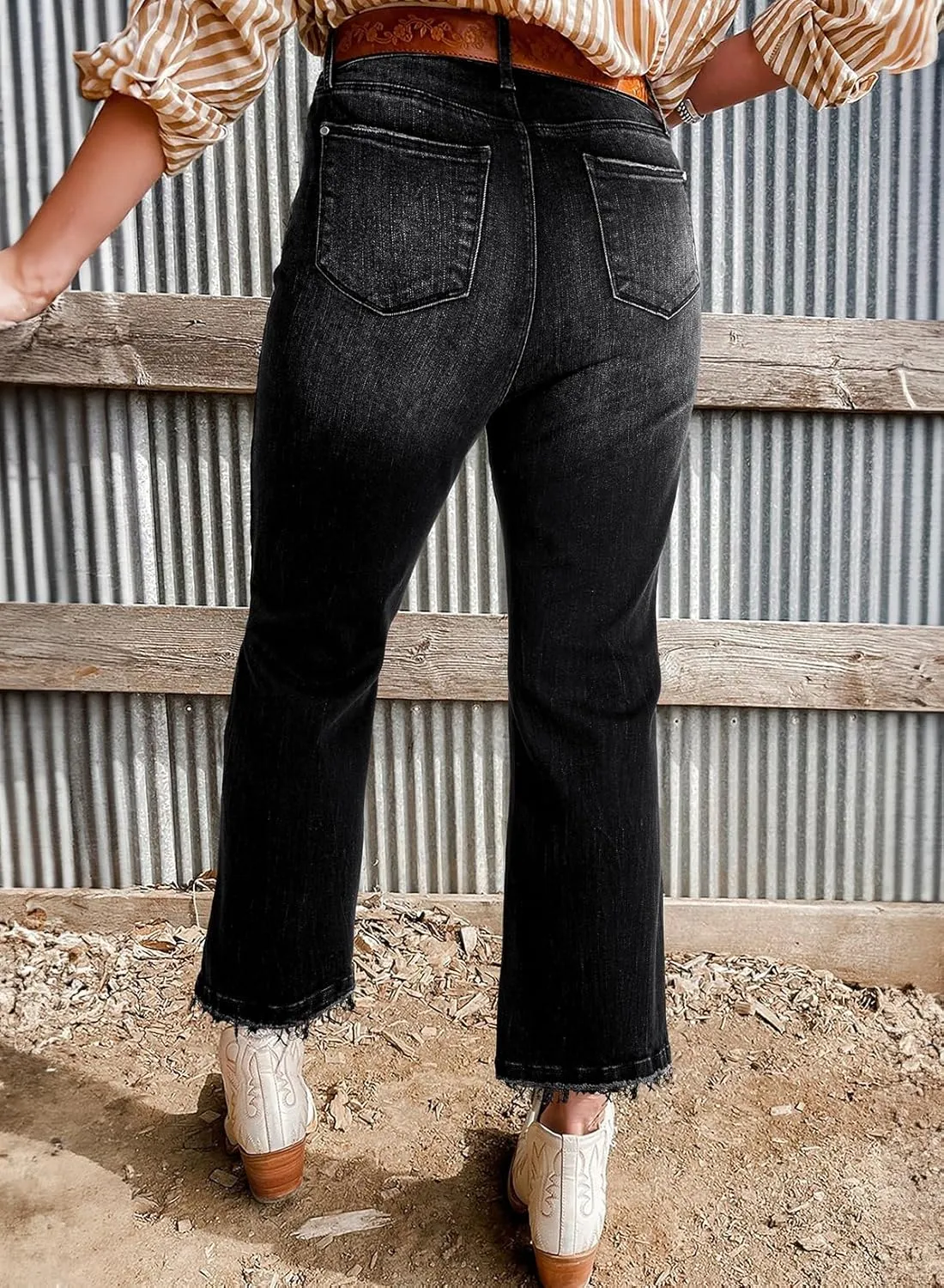 Astylish Womens High Waisted Jeans Stretchy Flared Straight Leg Loose Trendy Raw Hem Denim Pants