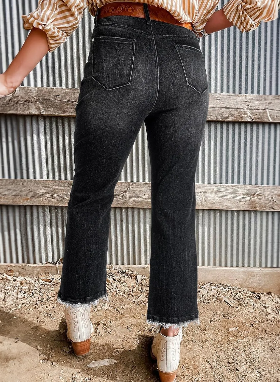 Astylish Womens High Waisted Jeans Stretchy Flared Straight Leg Loose Trendy Raw Hem Denim Pants