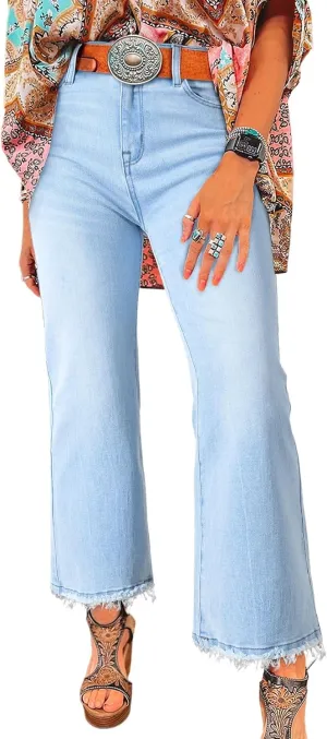Astylish Womens High Waisted Jeans Stretchy Flared Straight Leg Loose Trendy Raw Hem Denim Pants