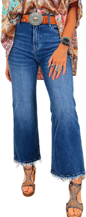 Astylish Womens High Waisted Jeans Stretchy Flared Straight Leg Loose Trendy Raw Hem Denim Pants