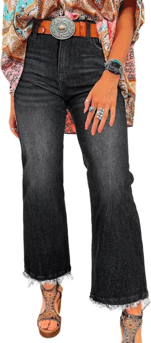Astylish Womens High Waisted Jeans Stretchy Flared Straight Leg Loose Trendy Raw Hem Denim Pants