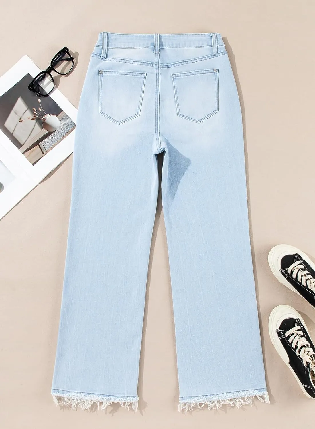 Astylish Womens High Waisted Jeans Stretchy Flared Straight Leg Loose Trendy Raw Hem Denim Pants