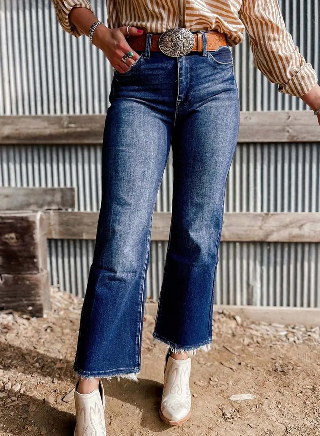 Astylish Womens High Waisted Jeans Stretchy Flared Straight Leg Loose Trendy Raw Hem Denim Pants