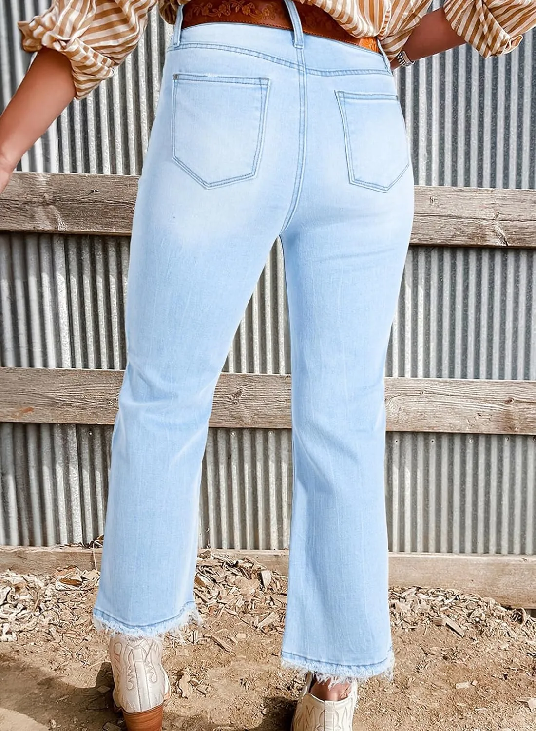 Astylish Womens High Waisted Jeans Stretchy Flared Straight Leg Loose Trendy Raw Hem Denim Pants