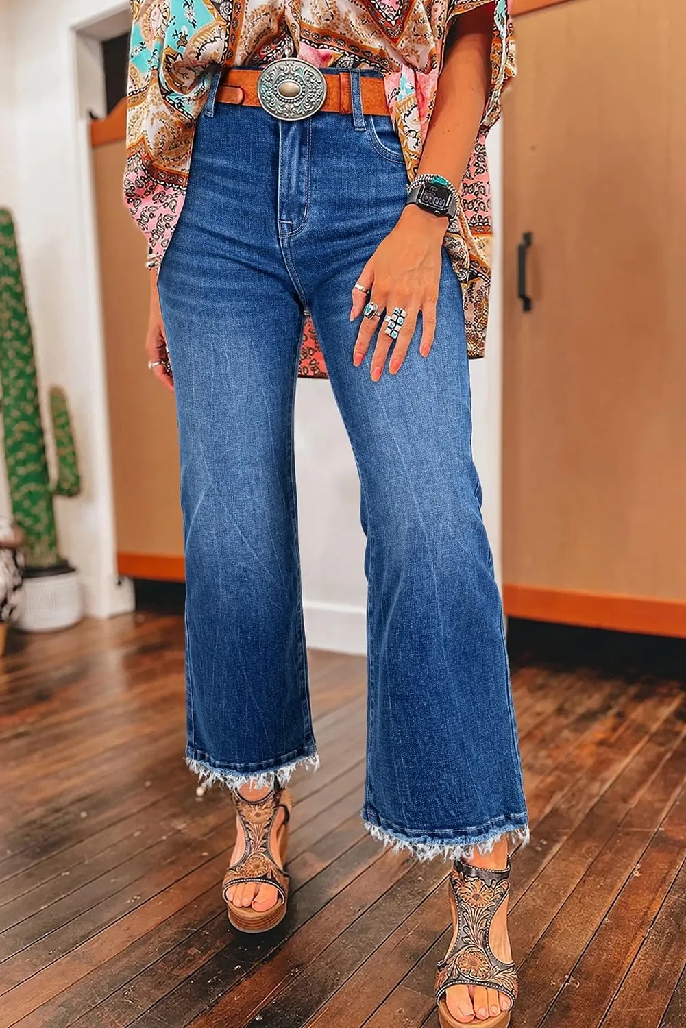 Astylish Womens High Waisted Jeans Stretchy Flared Straight Leg Loose Trendy Raw Hem Denim Pants