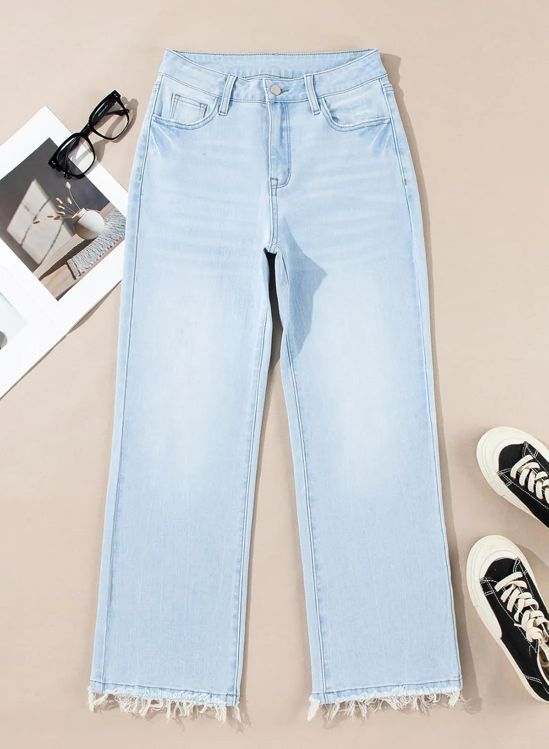 Astylish Womens High Waisted Jeans Stretchy Flared Straight Leg Loose Trendy Raw Hem Denim Pants