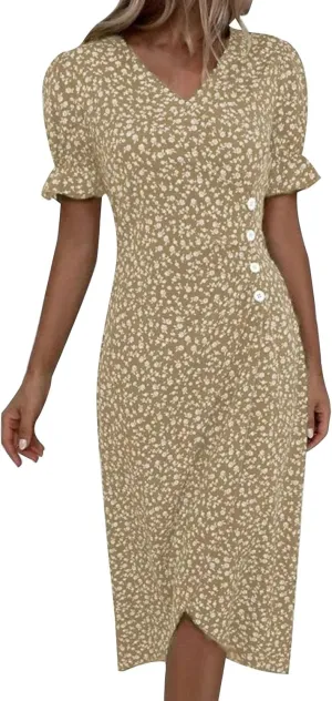Beach Dresses for Women,2025 Summer Trendy Elegant Wrap V Neck Floral Boho Dress,Flowy Ruched Hawaiian Maxi Dress