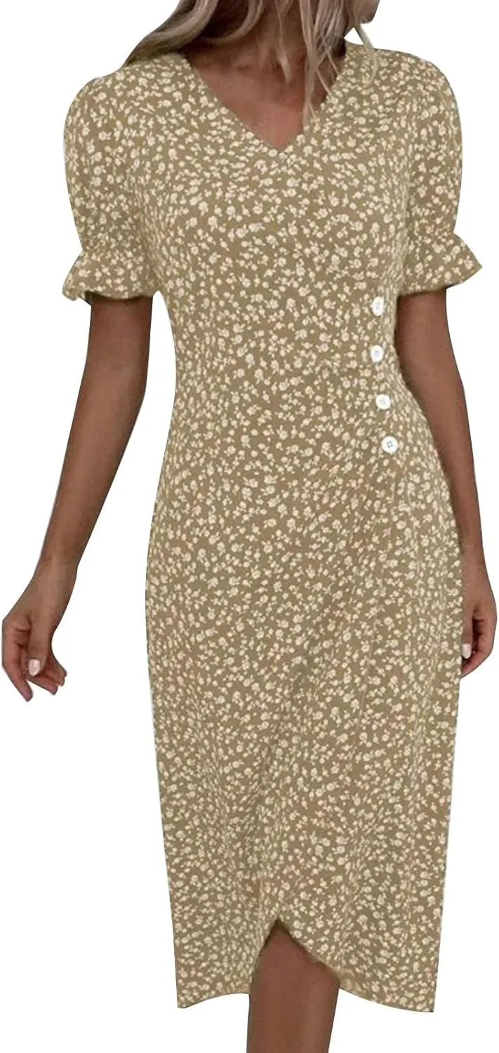 Beach Dresses for Women,2025 Summer Trendy Elegant Wrap V Neck Floral Boho Dress,Flowy Ruched Hawaiian Maxi Dress