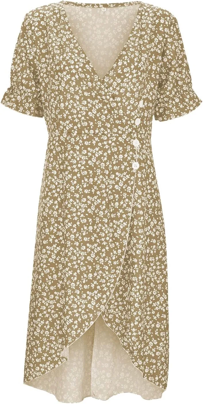 Beach Dresses for Women,2025 Summer Trendy Elegant Wrap V Neck Floral Boho Dress,Flowy Ruched Hawaiian Maxi Dress