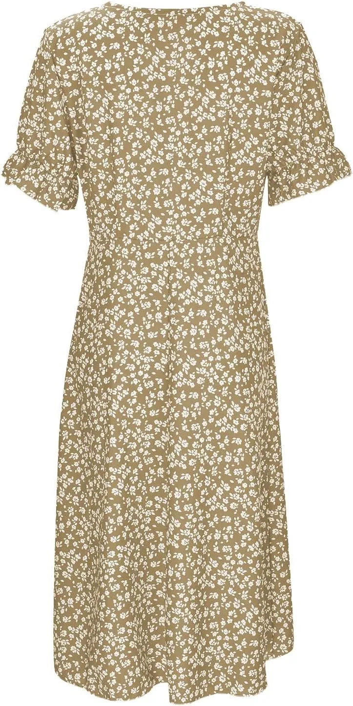Beach Dresses for Women,2025 Summer Trendy Elegant Wrap V Neck Floral Boho Dress,Flowy Ruched Hawaiian Maxi Dress