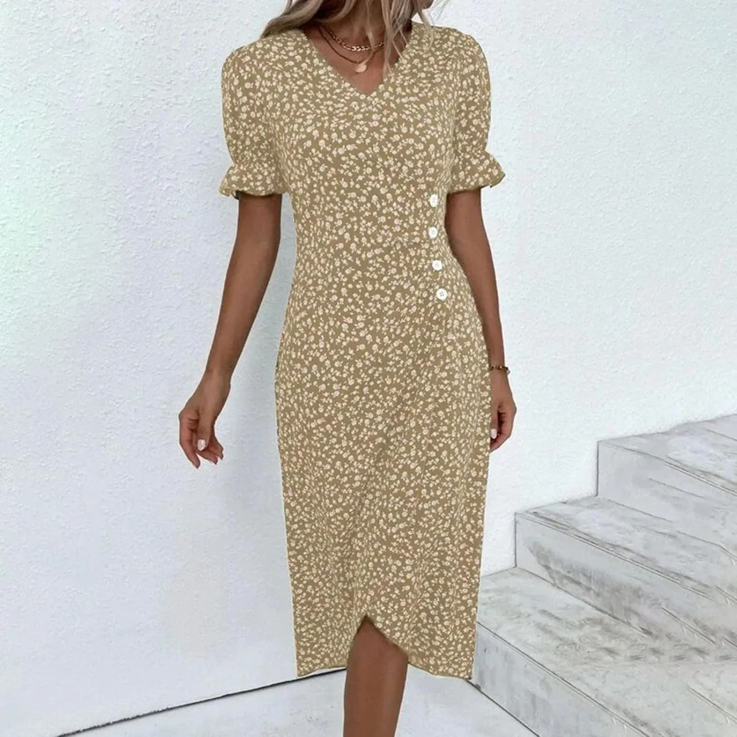 Beach Dresses for Women,2025 Summer Trendy Elegant Wrap V Neck Floral Boho Dress,Flowy Ruched Hawaiian Maxi Dress