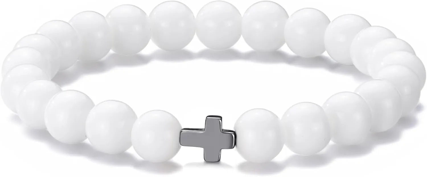 Beaded Bracelets for Men Women 8mm Bead Stretch Bracelets Cross Bracelets Unisex