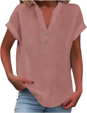 Binmer Half Button Linen Tops for Womens Oversized Short Sleeve V Neck Shirts Loose Fit Tunic Blouse Casual Summer Tee