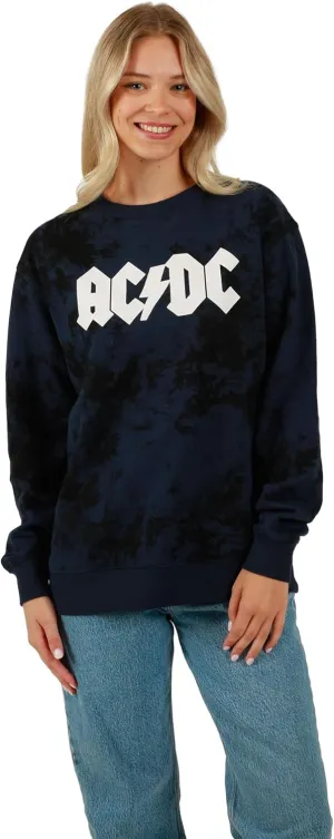 Bioworld ACDC Guitar & Band Logo Crew Neck Long Sleeve Gray Women's Oversized Reversible Pullover Sweatshirt