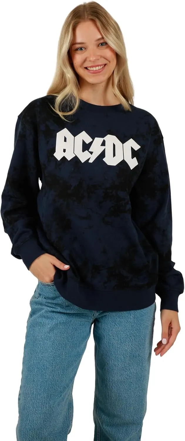 Bioworld ACDC Guitar & Band Logo Crew Neck Long Sleeve Gray Women's Oversized Reversible Pullover Sweatshirt