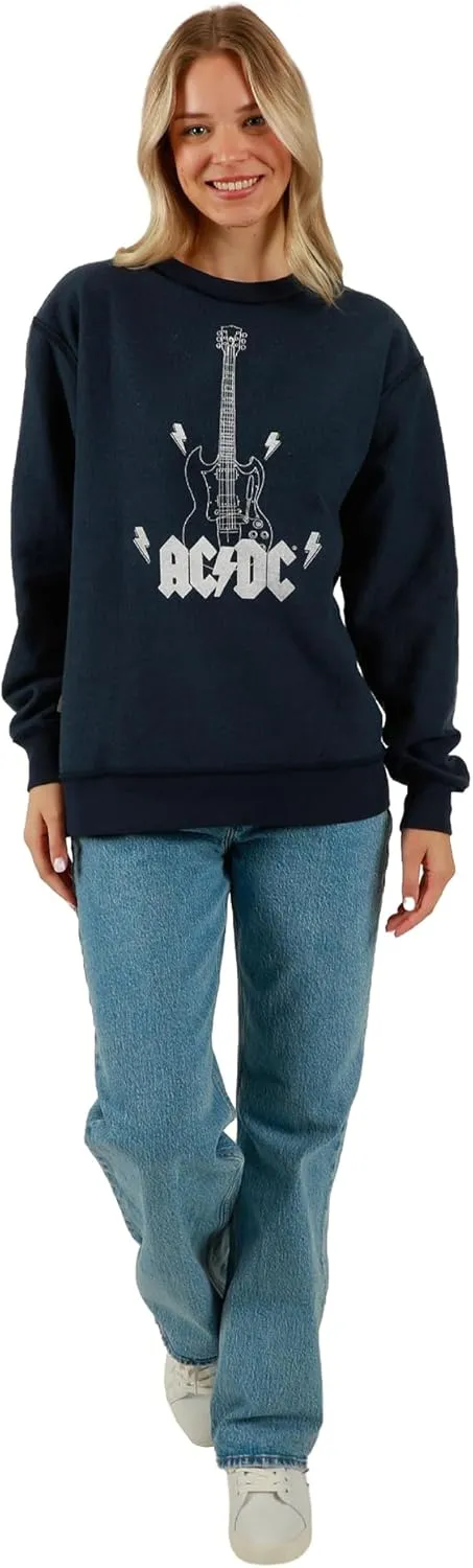 Bioworld ACDC Guitar & Band Logo Crew Neck Long Sleeve Gray Women's Oversized Reversible Pullover Sweatshirt