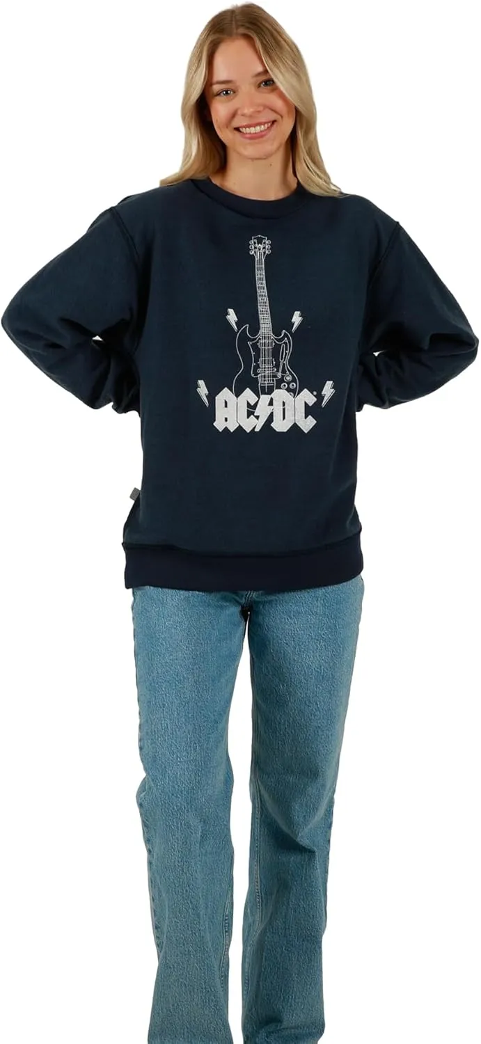 Bioworld ACDC Guitar & Band Logo Crew Neck Long Sleeve Gray Women's Oversized Reversible Pullover Sweatshirt