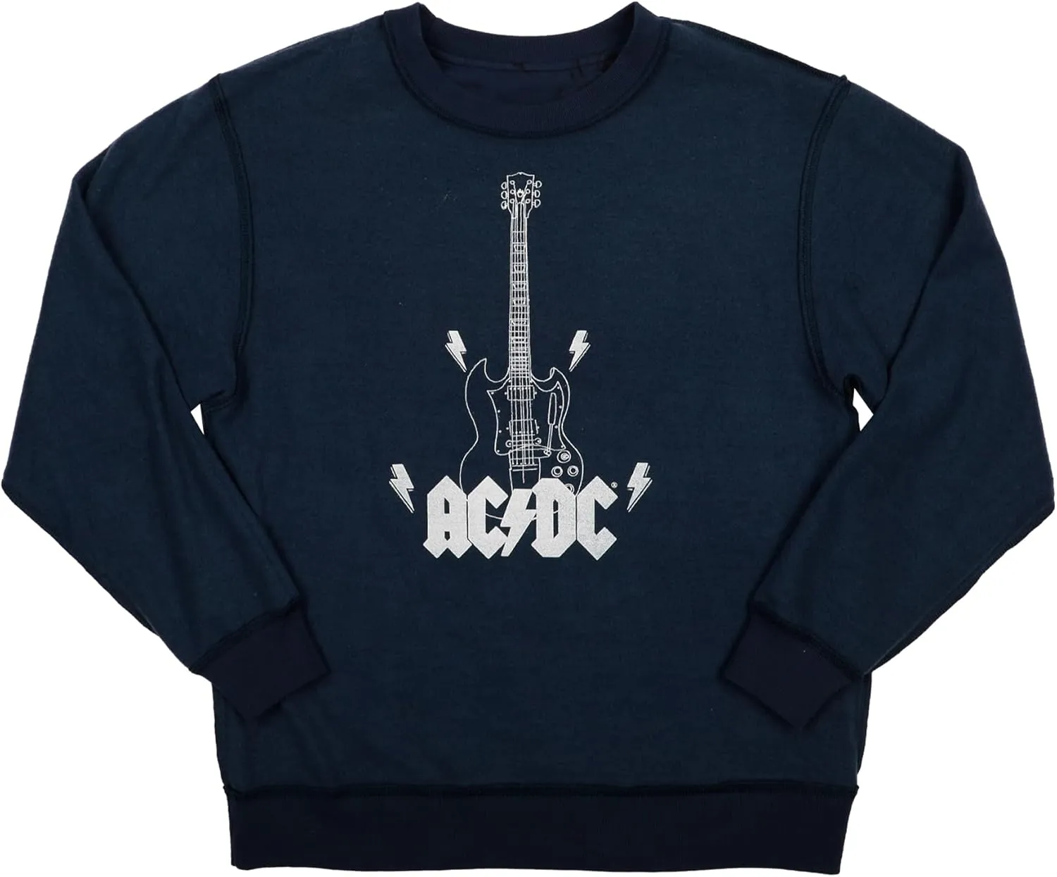 Bioworld ACDC Guitar & Band Logo Crew Neck Long Sleeve Gray Women's Oversized Reversible Pullover Sweatshirt