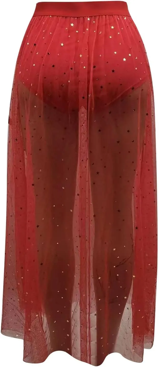 Black Skirt for Women Midi Skirt Elastic High Waist Flowy Pleated Skirt a Line Mesh Fairy Skirt Business Casual