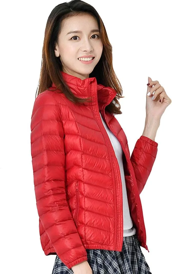 BOFETA Womens Stand Collar Light Weight Down Jackets Slim Fitted Packable Winter Warm Jackets Plus Size